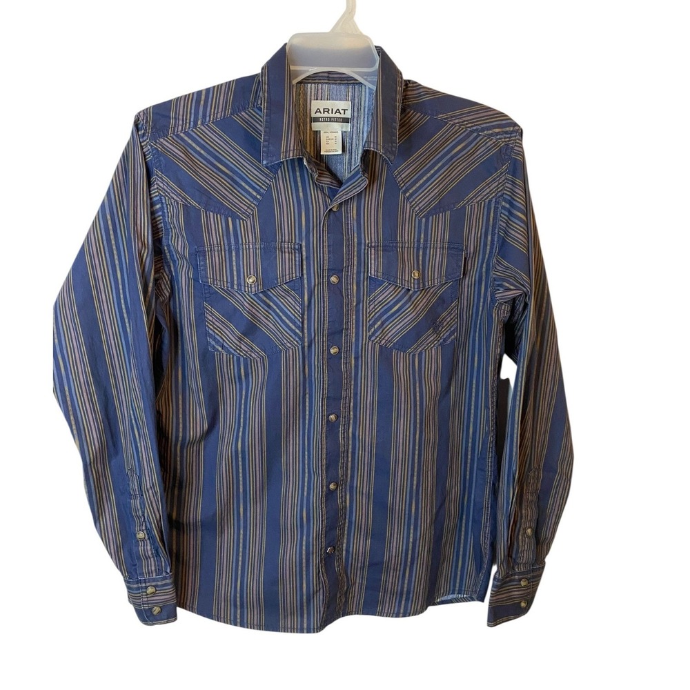 Ariat Men Retro Fitted Western Shirt Blue Tan Striped Pearl Snap Long Sleeve M